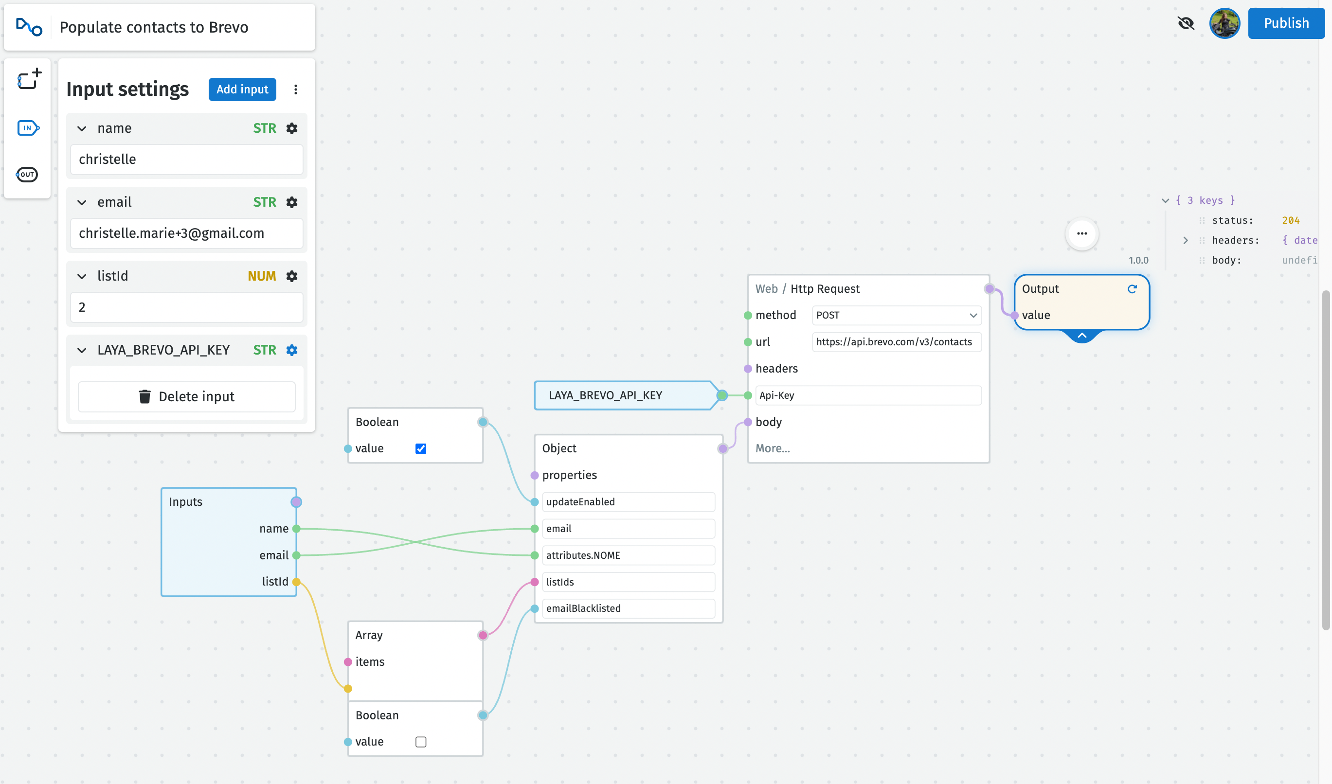 NodeScript graph showing how to update contacts in Brevo