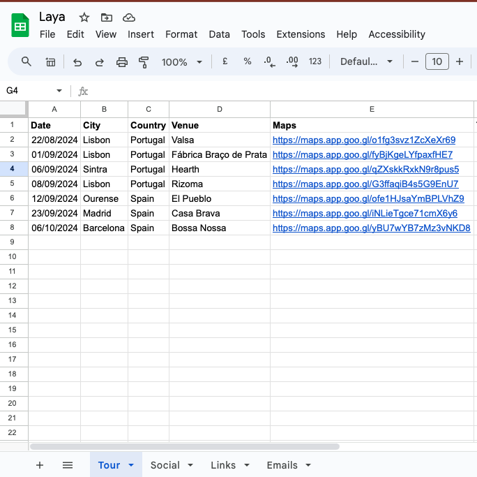 Laya's google sheets spreadsheet CMS