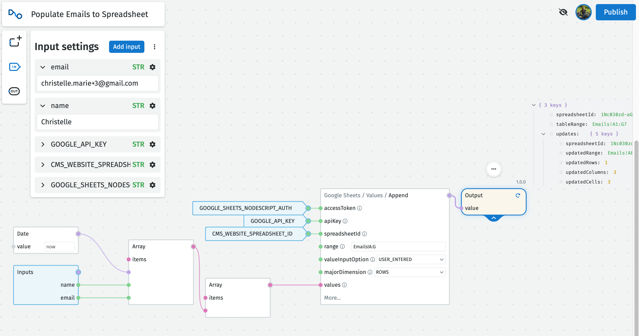 NodeScript graph for populating google sheets spreadsheets